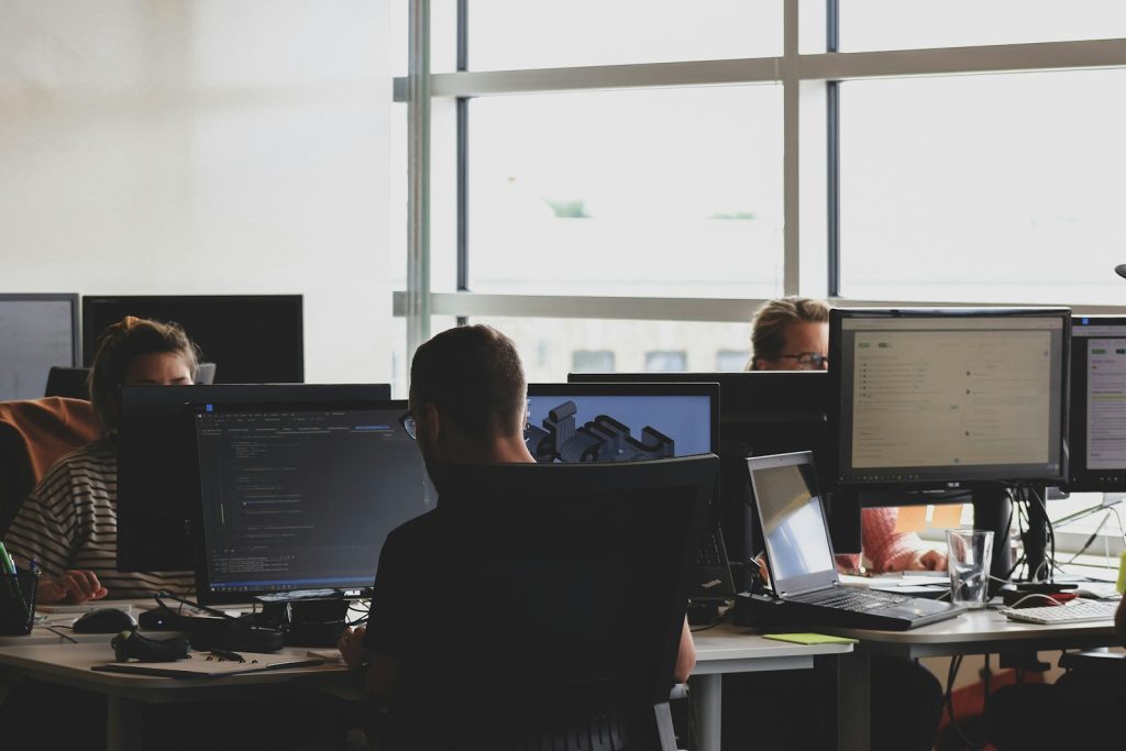 developing software services with ANS. people sitting on chair in front of computer monitor